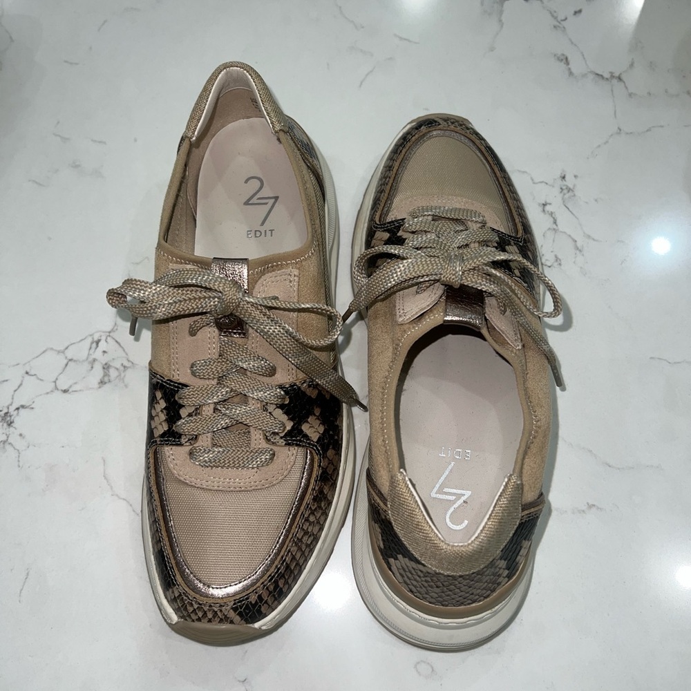 Women's Beige Snake-Texture Lace-Up Sneakers